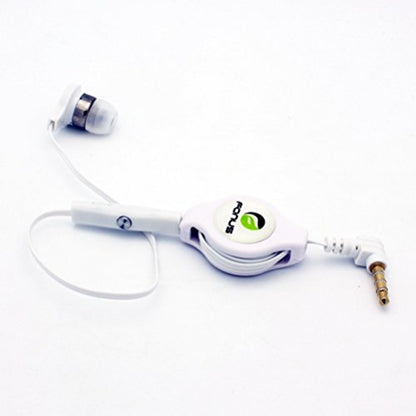 White Retractable in-Ear Mono Headset Wired Single Earbud Earphone with Microphone for Sprint LG G Stylo, Sprint LG G2, Sprint LG G3, Sprint LG G3 Vigor, Sprint LG G4