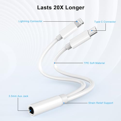 [Apple MFi Certified] Lightning/USB Type C to 3.5 mm Headphone Jack Adapter | 2-in-1 iPhone Headphone Adapter, iPhone Aux Adapter Converter Dongle Audio Cable for iPhone 17 16 15 14 13 12 11 XS XR X 8 7