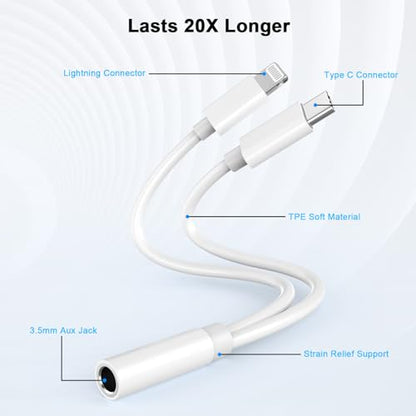 [Apple MFi Certified] Lightning/USB Type C to 3.5 mm Headphone Jack Adapter | 2-in-1 iPhone Headphone Adapter, iPhone Aux Adapter Converter Dongle Audio Cable for iPhone 17 16 15 14 13 12 11 XS XR X 8 7