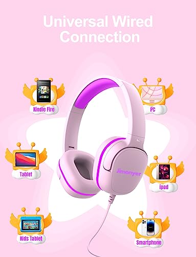 Jimonyer Kids Headphones for School, 3.5mm Jack Wired Headphones for Kids with Safe Volume Limiter, HD Stereo Sound On-Ear Girls Boys Toddler Headphone for Tablet, iPad, Kindle(Pink) - color: Pink