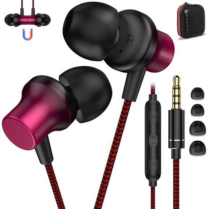 ASKUBSKU Wired Headphones Earbud for School Laptop PC Chromebook, Black Red | Noise Isolating Ear Buds with 3.5mm Plug in Audio Jack Microphone HiFi Stereo Clear Call Corded Earphones for Kindle Fire