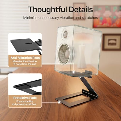 Desktop Speaker Stands, Adjustable Depth 5.5″–7.5″, 1 Pair | 17.6lbs Capacity Each, with Vibration Absorption Pads, Cantilevered Stand for Small & Medium Bookshelf Speakers, Black