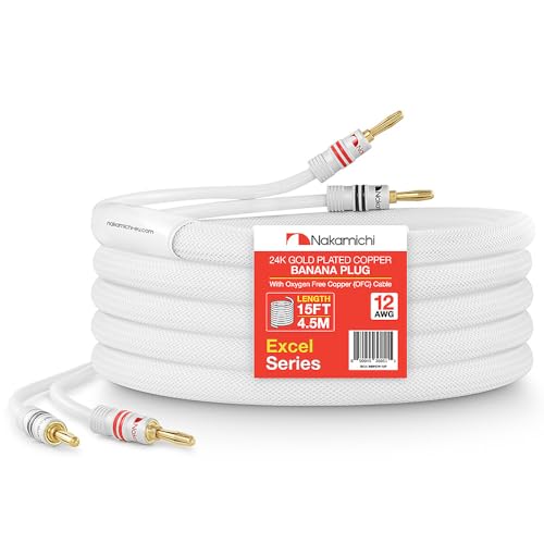 Nakamichi 24k Gold Plated Banana Plugs with 12 AWG Speaker Cable 99.9% OFC | Oxygen-Free Copper, Excel Series, Heavy Duty Braided for Amplifier Receiver Hi-Fi Stereo Audio Wire - White (15 feet / 4.5m) - color: White (12 AWG), size: 15-Feet (4.5m)