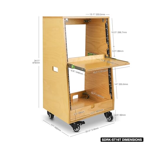 Sound Town DIY Slanted 16U Studio Rack (8U Top + 8U Lower), with 2U Bottom Storage, Slide-Out Tray, Caster, Plywood, Golden Oak for Recording Room, Home Studio (SDRK-ST16T) - size: 16U(8U Top + 8U Lower),Golden Oak