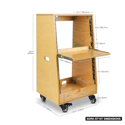 Sound Town DIY Slanted 16U Studio Rack (8U Top + 8U Lower), with 2U Bottom Storage, Slide-Out Tray, Caster, Plywood, Golden Oak for Recording Room, Home Studio (SDRK-ST16T) - size: 16U(8U Top + 8U Lower),Golden Oak