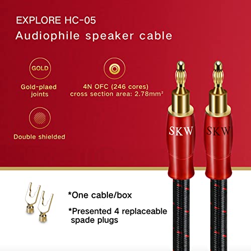 SKW Single Speaker Cable with Convertible Banana and Spade Plugs Entry Level HC Series Cable 8.2ft/2.5M (One Cable) | HC Series, 4N OFC, gold-plated convertible banana and spade plugs, screw-on swappable tips, cotton braided 12.8mm jacket - size: 8.2ft (2