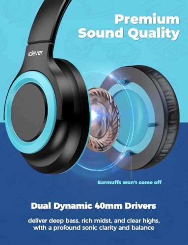 iClever HS22 2-Pack Kids Headphones with Sharing Splitter for School Travel | Share Audio, SafeSound Tech3.0, Tangle-Free, 3.5mm Jack, Foldable, Stereo Sound, Wired Headphones for Kids, Navy Blue & Black - color: Navy Blue & Black