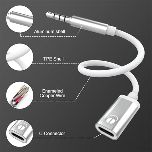 3.5mm Male to Type-C Female Audio Adapter Cable, White, Compatible with Smartphones, MP3 Players, Laptops, Tablets