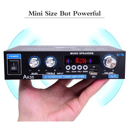 AK35 Stereo Amplifier Home Audio Bluetooth 5.0 Max 200W 2.0 Channel Mini Amplifier Stereo Receivers for Car, Home Party, Audio Amplifier AMP w/USB/TF Card/AUX Input/Bass & Treble Control - size: AK35