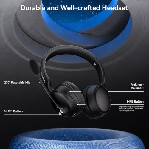 Bluetooth Headset with Microphone, 60 Hrs Bluetooth Headphones with Mic, Wireless Headset with Mic for Work/Meetings/Office/iPhone/Phone Calls/Call Center/Computer/PC/Teams/Zoom/Podcast/Skype/WebEx