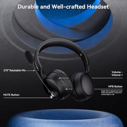 Bluetooth Headset with Microphone, 60 Hrs Bluetooth Headphones with Mic, Wireless Headset with Mic for Work/Meetings/Office/iPhone/Phone Calls/Call Center/Computer/PC/Teams/Zoom/Podcast/Skype/WebEx
