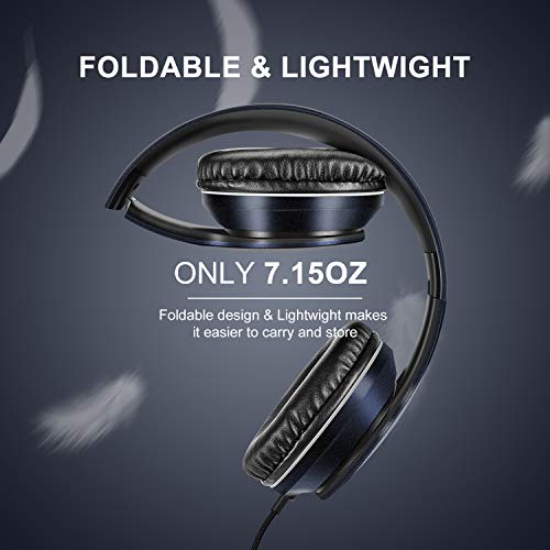 LORELEI X6 Over-Ear Headphones with Microphone, Lightweight Foldable & Portable Stereo Bass Headphones with 1.45M No-Tangle, Wired Headphones for Smartphone Tablet MP3 / 4 (Dark Blue) - color: Dark Blue
