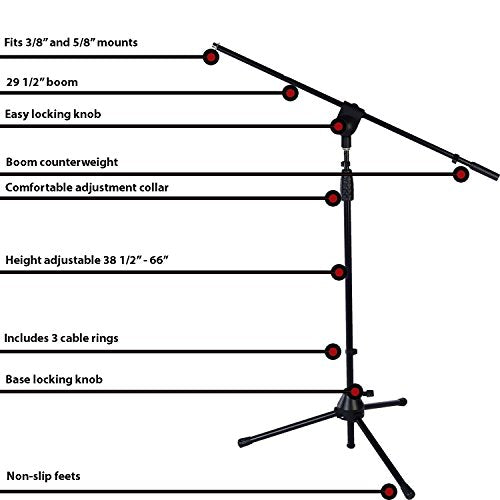 LyxPro Microphone Stand Boom Arm, Rotating Floor Podium Studio, Strong Durable And Foldable - 38.5-66 Inches, Extends Arm 29 3/8 inches, Comes With 3/8 and 5/8 Inches - Mount Adapters (Pack of 5) - size: 5 Pack
