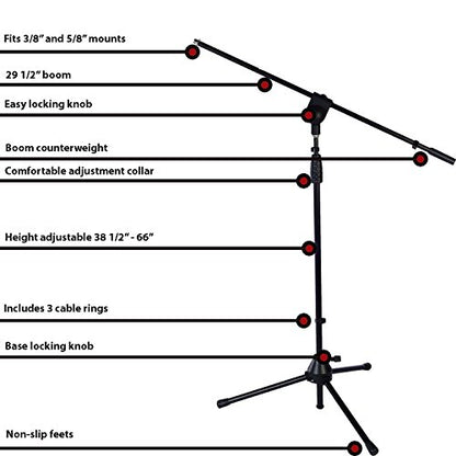 LyxPro Microphone Stand Boom Arm, Rotating Floor Podium Studio, Strong Durable And Foldable - 38.5-66 Inches, Extends Arm 29 3/8 inches, Comes With 3/8 and 5/8 Inches - Mount Adapters (Pack of 5) - size: 5 Pack
