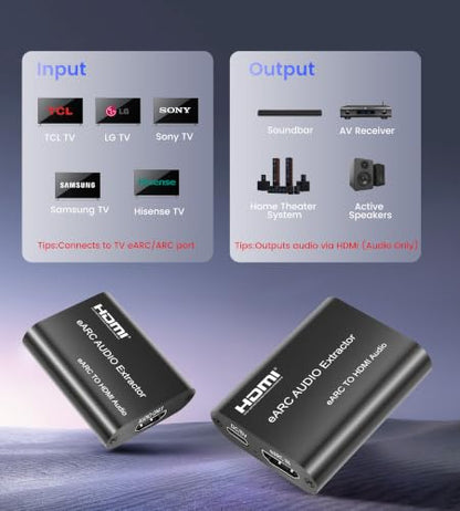 HDMI eARC Audio Extractor, ARC/eARC to HDMI Audio Converter with CEC Control, Support Dolby Atmos DTS-X 7.1 Surround Sound, TV Remote Control Volume & Power On/Off for Soundbar Amplifier (Black)