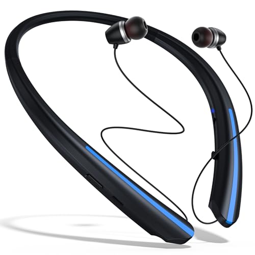 Bluetooth Headphones Retractable, Wireless Earbuds Neckband IPX5 Sweatproof, Bluetooth Headset with Microphone Vibration Call, Stereo Noise Cancelling Earphones (Black Blue) - color: black blue
