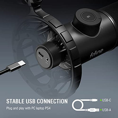FIFINE K658 USB Gaming Dynamic Microphone with Quick Mute for PC Streaming | Gain Control, Headphone Jack, Cardioid Pickup, RGB Control, Shock Mount, for PS5 Streaming Podcast Twitch YouTube Discord