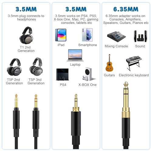 Saipomor 9.8FT Replacement Audio Cable Compatible with Beyerdynamic T1 2nd Gen, T5P 2nd/3rd Gen Headphones – 3.5mm AUX Cord with 6.35mm Adapter, Detachable Stereo Headphone Cable