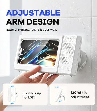 2nd Gen Shower Phone Holder Waterproof with Speaker Hole 1200mAh | 18H Playtime With Dual Bluetooth Speaker IPX6 Speakers High-Sensitivity Touchscreen Rich Bass Sound Bluetooth 5.3 (White） - color: White