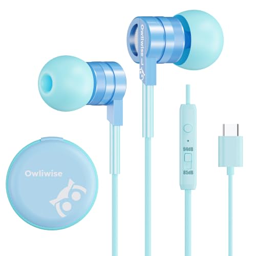 Owliwise USB C Kids Wired Earbuds with Case, mic, 85/94dB Volume Limited - color: Blue