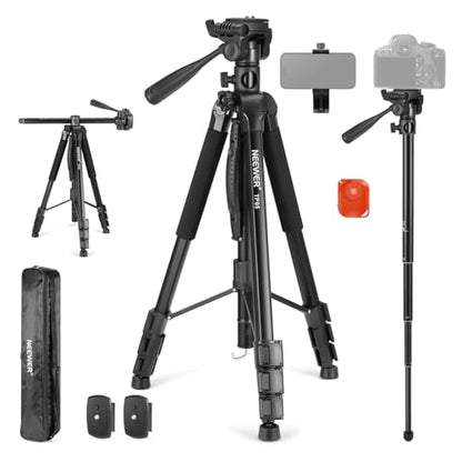 NEEWER Basics 74" Video Tripod Monopod, 3 Way Pan Tilt Head, Remote, TP05 | Overhead Camera Mount, Horizontal Central Axis, Phone Holder for iPhone, for DSLR Telescope Projector, Max Load 17.6lb - style: TP05