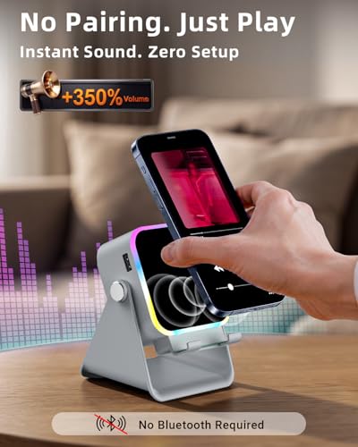 Induction Speaker 5-in-1 Bluetooth Audio for iPhone Android with Phone Stand | Adjustable Desktop Phone Holder with Charger & RGB Light, Cool Tech Gadgets Gifts for Men Women Teens Gray