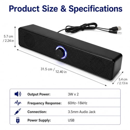 Computer Speakers USB-A Powered Wired Stereo Desktop Speakers with 3.5mm Aux Plug No Bluetooth for PC Laptop 2026, Black - color: Black
