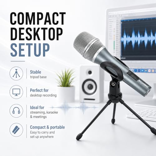 Dynamic Microphone - Heart shaped Directional Wired Microphone, used as a vocal microphone for live sing, with 14 foot XLR to 1/4 inch audio cable, desktop tripod, extension pole, Mic storage bag