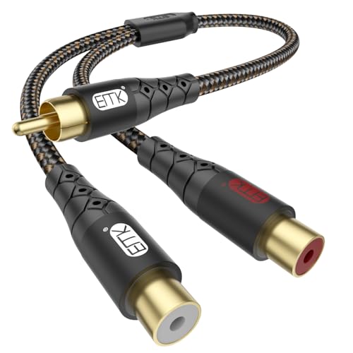 EMK RCA Splitter Cable 1 Male to 2 Female Y Adapter with Copper Shell & 24K Gold-Plated Connector RCA Male to Dual RCA Female Extension Cord Black/1ft/0.3m - size: 1ft/0.3m, style: Black*1Male to 2Female