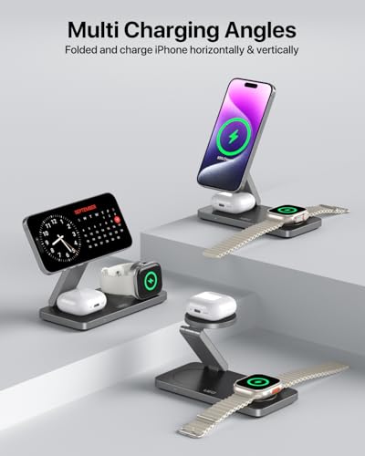 UEQ Foldable 3 in 1 Wireless Charging Station for Apple Magsafe Charger Stand,Fast Magnetic Wireless Charger Station for iPhone 17 Air 16 15 14 13 12 Series,Airpods Pro,Apple Watch Ultra (Pure Black) - color: Carbon Black