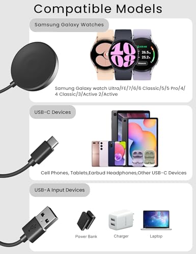 Charger Compatible with Samsung Galaxy Watch 7/Ultra/FE/6/6 Classic/5 Pro/4 Classic/3/Active 2/Active 2 in 1 USB to USB C Charger Cable for Galaxy Watch Phone Tablet Earphone etc.