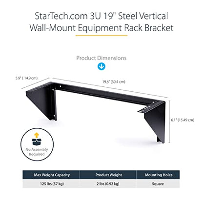 StarTech 3U Vertical Wall-Mount Rack Bracket, 19in, 150lb, TAA (RK319WALLV) | Open-frame L-shaped rack bracket for data, AV, IT and computer equipment, EIA-310, Any depth, 68kg - size: 3U