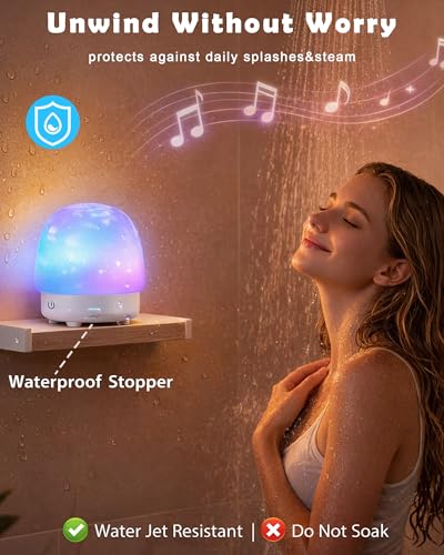Shower Light with Bluetooth Speaker, Waterproof Shower Lamp with 16 Colors 4 White Noise, Ocean Wave Projector Light with Remote & Touch Control, Water Ripple Lamp for Inside Shower Bathroom Bedroom