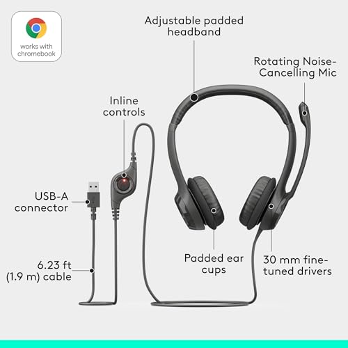 Logitech H390 Wired Headset PC/Laptop Stereo Headphones, USB-A, Black | For PC/Laptop, stereo headphones, microphone, in-line controls, works with Chromebook - color: Black, style: USB-A