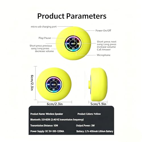 Mini Bluetooth Shower Speaker Yellow, Silicone Suction Cup Portable Speaker with LED Lights, IPX4 Waterproof, Built in Mic, for Bathroom Kitchen Outdoors, Ideal Gifts (Yellow) - color: Yellow