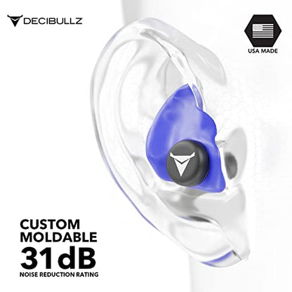 Decibullz Custom Molded Ear Plugs, 31dB NRR Shooting Ear Protection (Blue) | Reusable & Re-moldable, For Range Officers, Jobsite Crews & Musicians, Travel & Concert Use, Earplugs, American Company - color: Blue