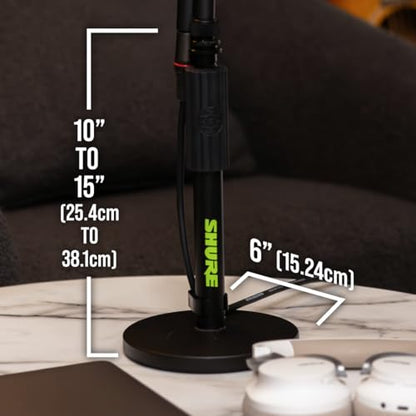 Shure by Gator Round Base Desktop Mic Stand with 6" Base (SH-DESKTOP1) | Designed to reduce movement and vibration, this simple mic stand is great for podcasts, live streams, or meetings.