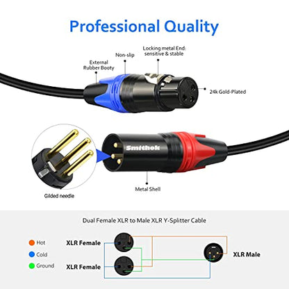 Smithok 2Pack XLR Y Splitter 1 Male to 2 Female Micrphone Cable, 3 Pin XLR 2 Female to 1 Male, Combiner Y Cord Balanced Mic Audio Cables for Stero Mic to L&R Audio Track(11.8 inches/0.3m) - size: 2 Pack 1.0 ft