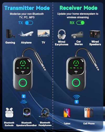 LED Display 2 in 1 Bluetooth 6.0 Transmitter Receiver 3.5mm AUX Jack RCA Wireless Audio Adapter Dongle for Airpods Headphones TV Airplane Flight Car Speaker Home Stereo, Dual Pairing & Handsfree Call - color: Black AUX Standard