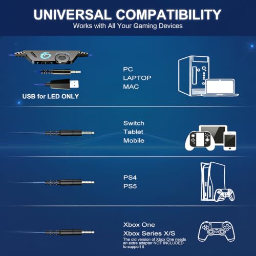 VersionTECH. G2000 Gaming Headset for PS5 PS4 Xbox One Controller,Bass Surround Noise Cancelling Mic, Over Ear Headphones with LED Lights for Mac Laptop Xbox Series X S Nintendo Switch NES PC Games