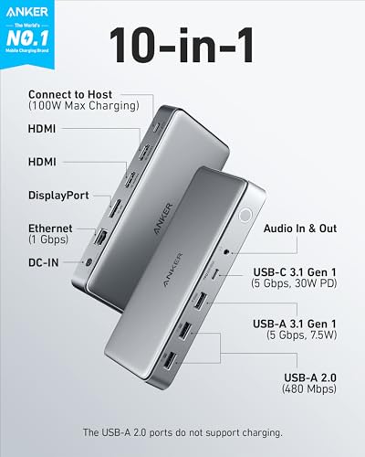 Anker Docking Station (DL6350), 10-in-1 Triple Display, DisplayLink | Triple 4K@30Hz (2 HDMI+1 DP), for Windows Laptops, MacBook Air/Pro and More (The Latest DisplayLink Driver Must Installed)