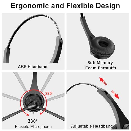 Voistek USB Headset with Noise Canceling Mic,Single-Ear Headset for PC | Mono Headphones with USB-A Cable & USB-C Adapter,In-Line Volume Control,Mute Button for Teams Zoom,Home Office - color: ink black