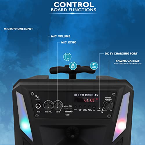 Pyle Portable Bluetooth PA Speaker - 300 W 8” Rechargeable Outdoor BT Karaoke Audio System - Multi-Color Party Lights, LED Display, FM/AUX/MP3/USB/SD, 6.5mm in - Wired Microphone, Remote Control - style: 300 watts