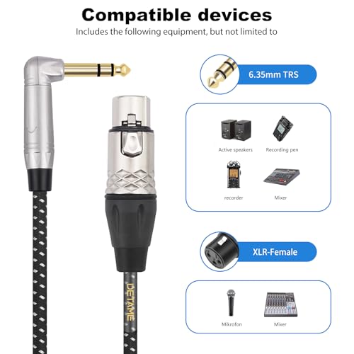 6Feet Balanced XLR Female to Right Angle 1/4 TRS Mixer Cable,Right Angle 6.35mm to 3pin XLR Female Audio Cable for Microphone Mixer Amplifier - size: 6Feet