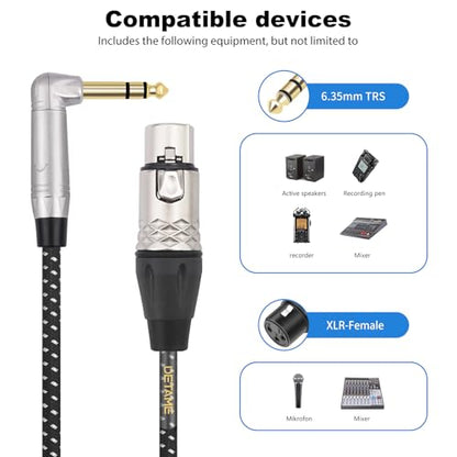 6Feet Balanced XLR Female to Right Angle 1/4 TRS Mixer Cable,Right Angle 6.35mm to 3pin XLR Female Audio Cable for Microphone Mixer Amplifier - size: 6Feet