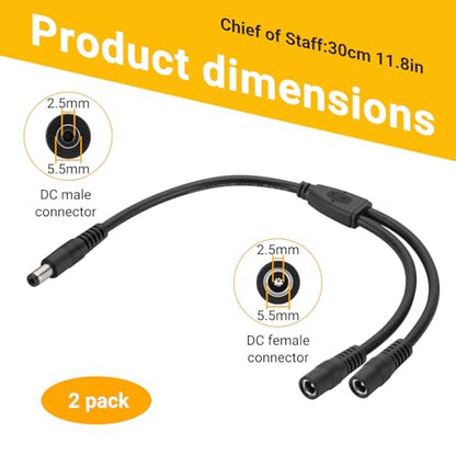 CENSHI 2-Pack 12V/24V DC Power Splitter Cable 5.5x2.5mm 1 Male to 2 Female | 1Ft 18AWG Pure Copper DC5525 Y Splitter Cord, for LED Light Strips, Router, CCTV Camera, Solar Monitor - size: 1 Male to 2 Female