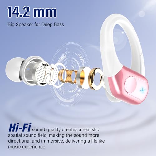 Qecnato Wireless Earbuds Bluetooth 5.4 Headphones Sports, 75H Stereo Deep Bass Over Ear Buds with Earhooks, Bluetooth Earbuds with 4 ENC Mic, LED Display, IP7 Waterproof Earphone for Running, Pink