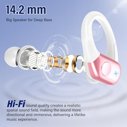 Qecnato Wireless Earbuds Bluetooth 5.4 Headphones Sports, 75H Stereo Deep Bass Over Ear Buds with Earhooks, Bluetooth Earbuds with 4 ENC Mic, LED Display, IP7 Waterproof Earphone for Running, Pink