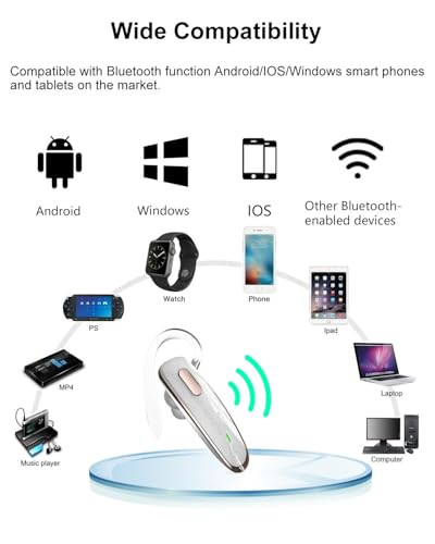 Bluetooth Headset V5.1, Wireless Hands-Free Earpiece with Noise Cancellation, Built-in Microphone for iPhone Android Business Calls - White - color: White, style: Single Bluetooth headset