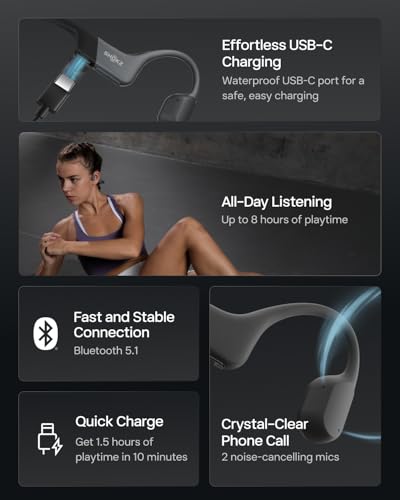 SHOKZ OpenRun Bone Conduction Bluetooth Headphones, Black, USB-C Charging | Bundle with Sweat Headband；Open ear comfort; Lightweight & Secure fit; IP67 water resistance; 8H battery; Running/Cycling - color: Black, size: Standard Size+USB-C Charging